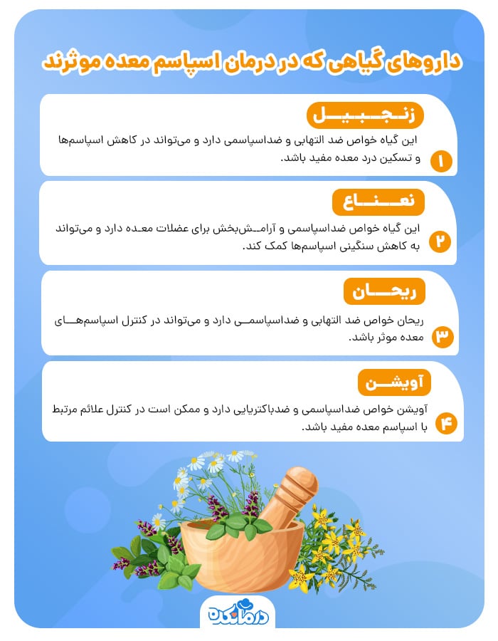 اینفوگرافیکی که داروهای گیاهی برای درمان اسپاسم معده را نشان می‌دهد.