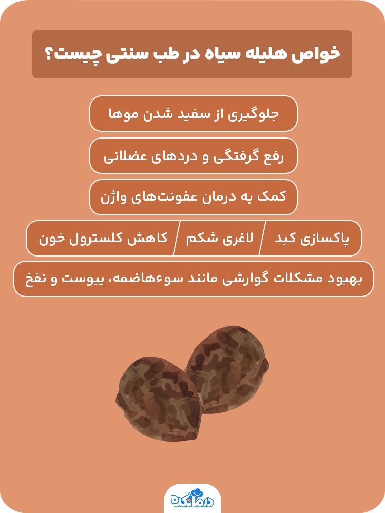 اینفوگرافیکی که خواص هلیله سیاه در طب سنتی را نشان می‌دهد.