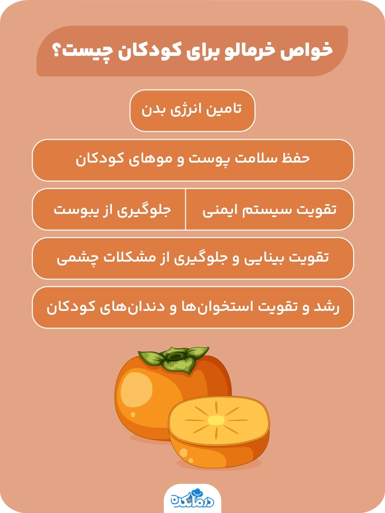 اینفوگرافیکی که خواص خرمالو برای کودکان را نشان می‌دهد.