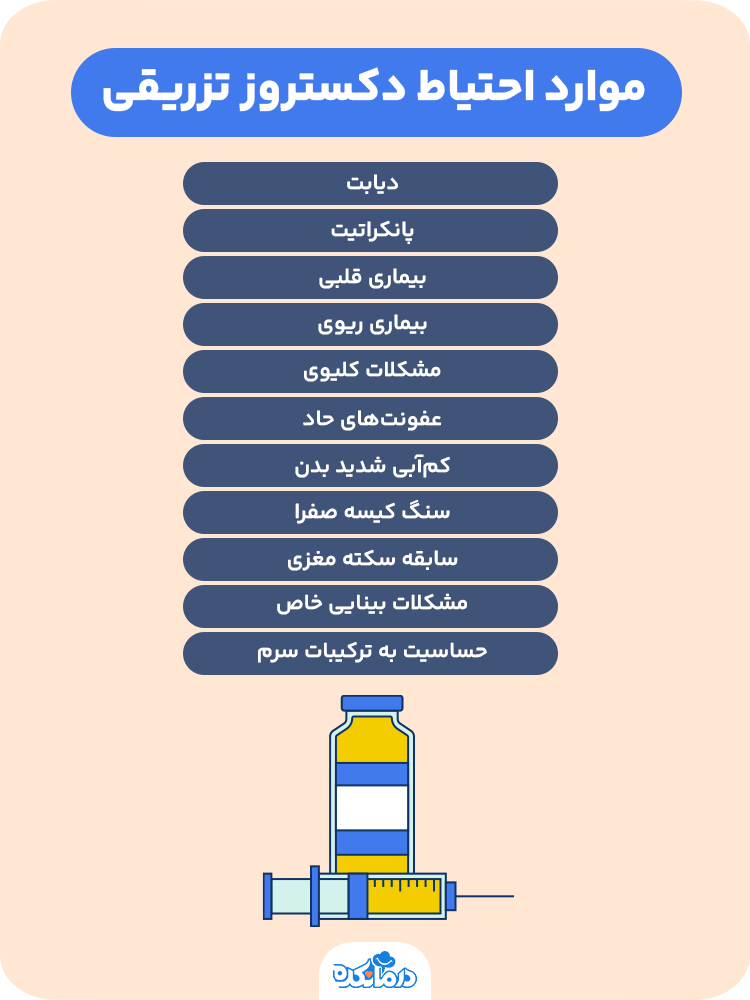 اینفوگرافیک موارد احتیاط دکستروز تزریقی