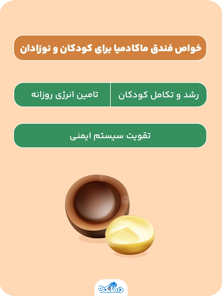 اینفوگرافی "خواص فندق ماکادمیا برای کودکان و نوزادان" ( رشد و تکامل کودکان/تامین انرژی روزانه/تقویت سیستم ایمنی)