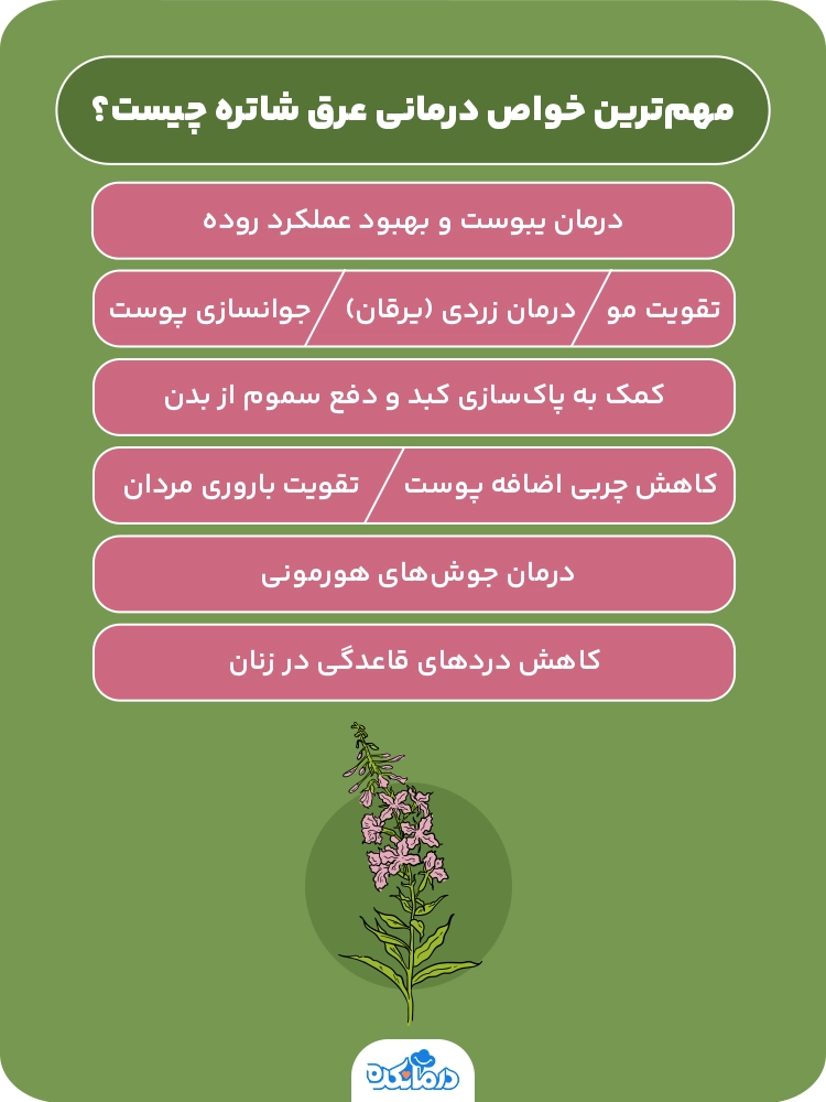 اینفوگرافیکی که خواص درمانی عرق شاه‌تره را نشان می‌دهد.